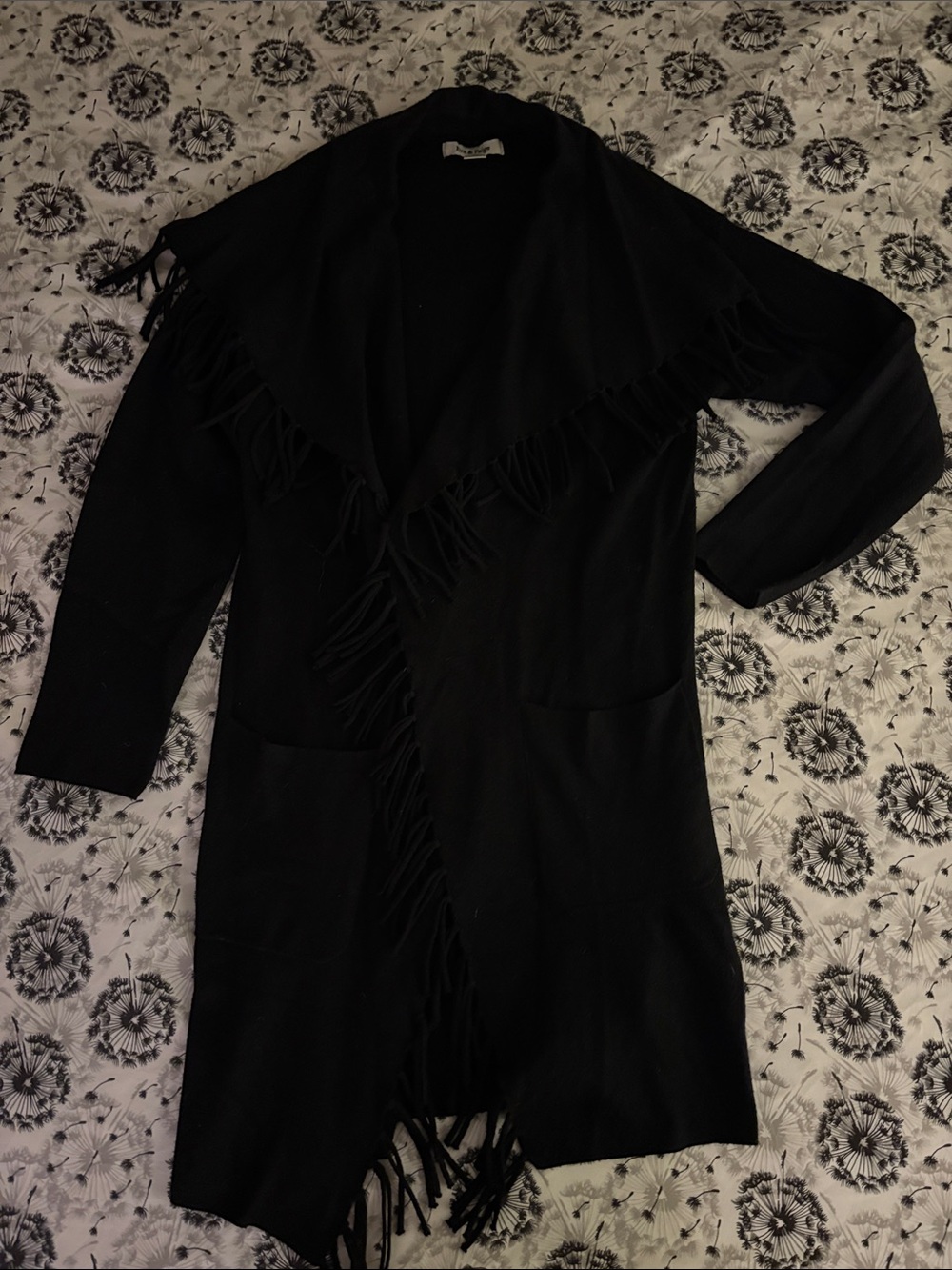Black Fringe-Trim Open-Front Cardigan